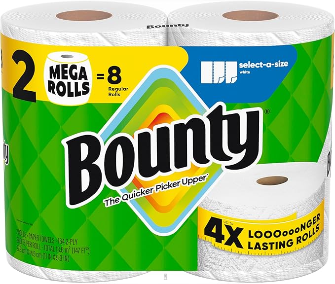 Bounty Select-A-Size Paper Towels, White, 2 Mega Rolls = 8 Regular Rolls